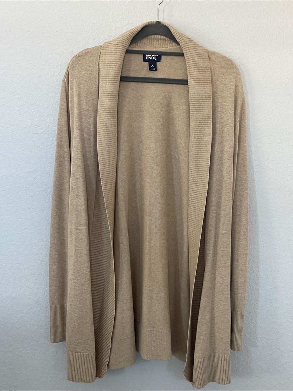 Lands’ End Women’s L 14-16 Tan Open Front Long Cardigan Cotton Modal Pockets EUC